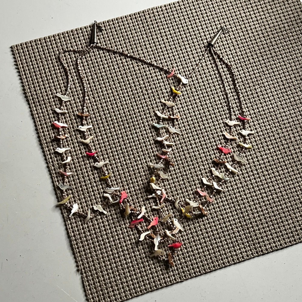 Vintage Zuni Fetish Necklace Multi Strand Shell Stone Bird‎ Heishi Native